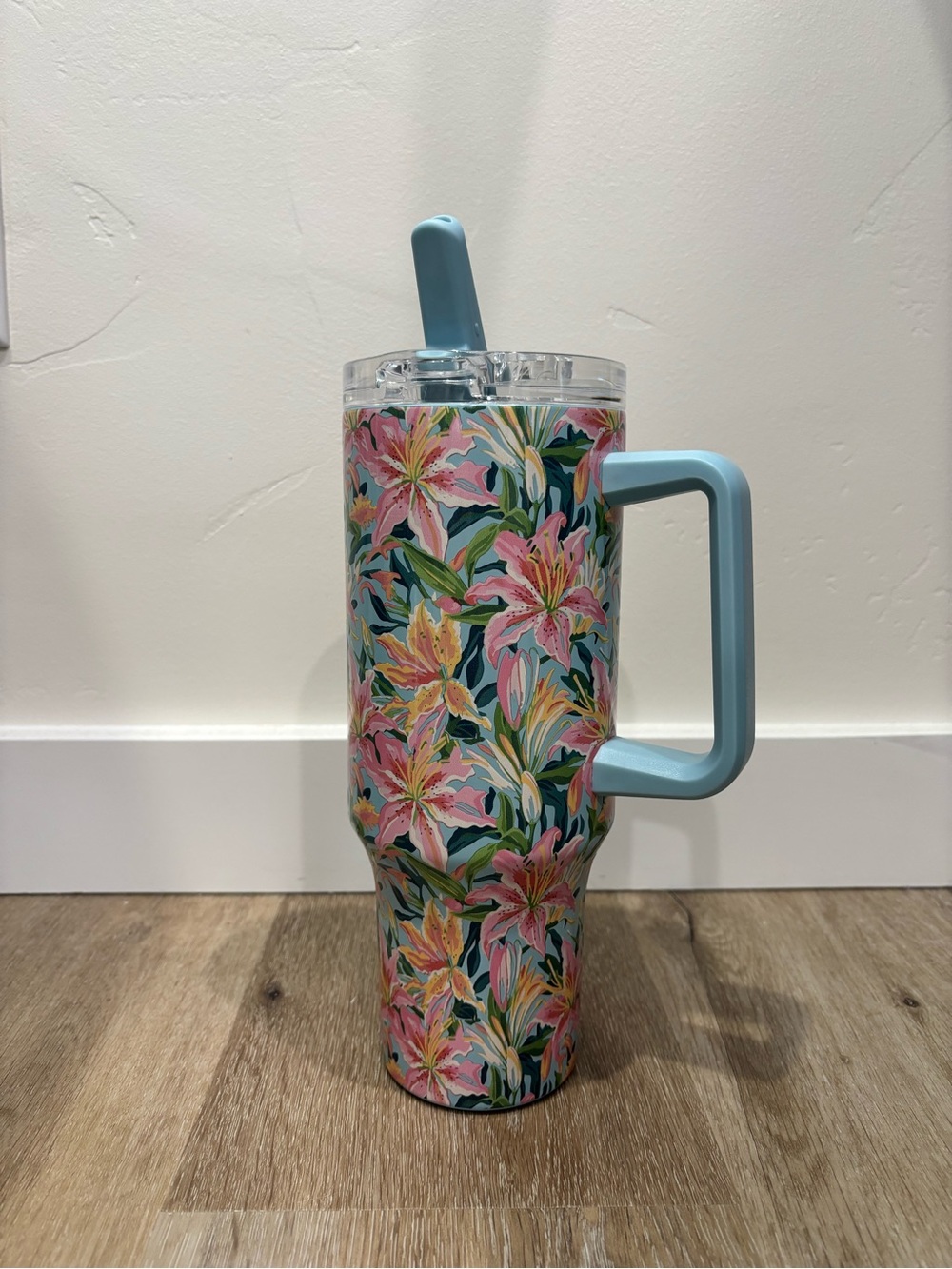 Floral Travel Tumbler with Handle - Blue & Pink